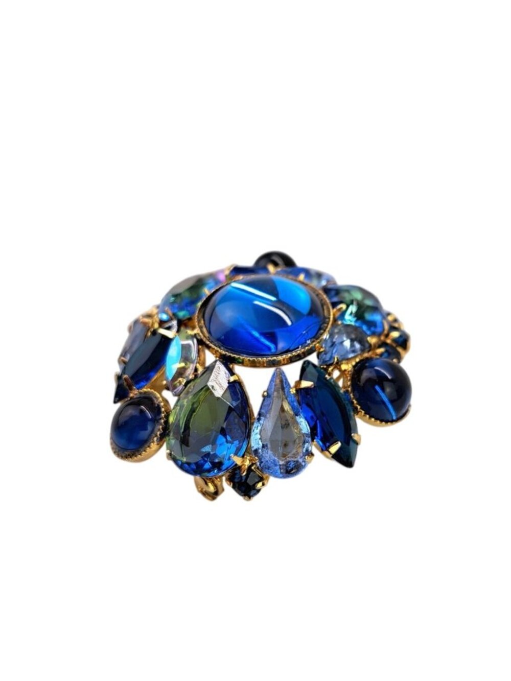 Vintage Blue Rhinestone Round Brooch Pin Dome Cabochon Navette Cluster Statement - Picture 9 of 11